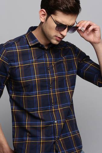 men's long sleeves tartan checks navy blue shirt