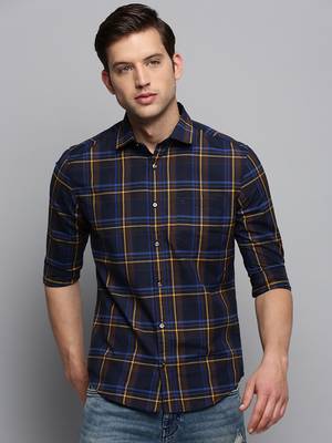 men's long sleeves tartan checks navy blue shirt 2