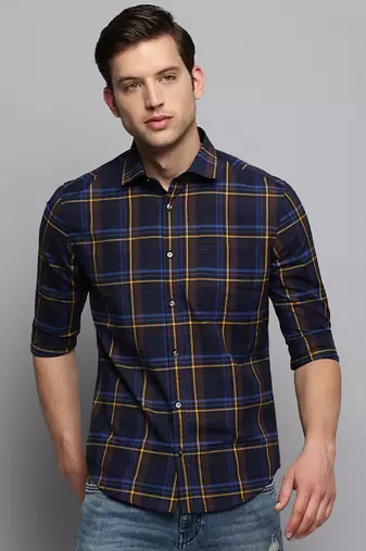 men's long sleeves tartan checks navy blue shirt