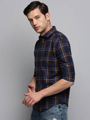men's long sleeves tartan checks navy blue shirt 3