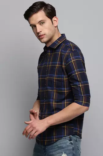 men's long sleeves tartan checks navy blue shirt