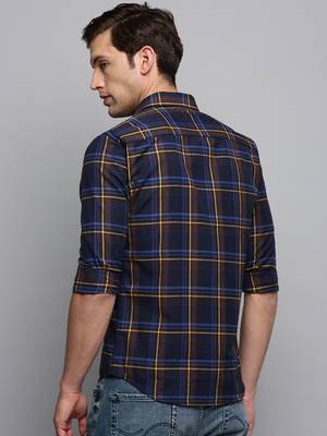 men's long sleeves tartan checks navy blue shirt 4