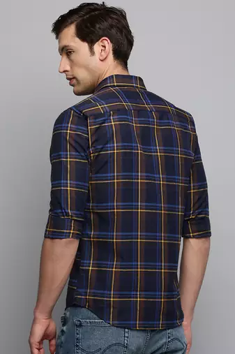 men's long sleeves tartan checks navy blue shirt