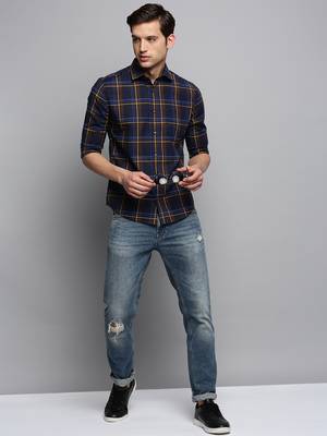 men's long sleeves tartan checks navy blue shirt 5