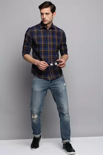 men's long sleeves tartan checks navy blue shirt