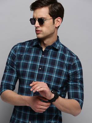 men's long sleeves tartan checks navy blue shirt 1