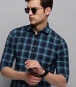 men's long sleeves tartan checks navy blue shirt