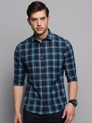 men's long sleeves tartan checks navy blue shirt 2