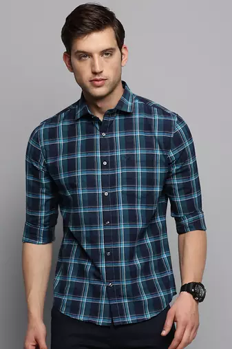 men's long sleeves tartan checks navy blue shirt