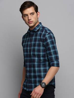 men's long sleeves tartan checks navy blue shirt 3