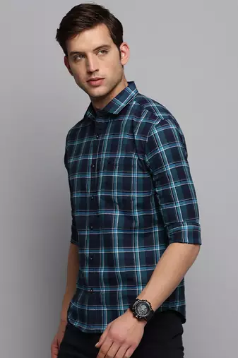 men's long sleeves tartan checks navy blue shirt