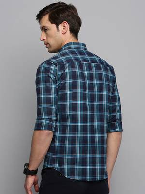 men's long sleeves tartan checks navy blue shirt 4