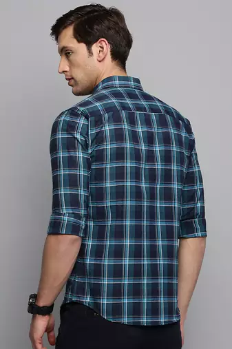 men's long sleeves tartan checks navy blue shirt