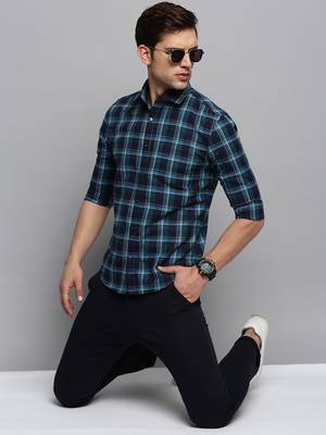 men's long sleeves tartan checks navy blue shirt 5