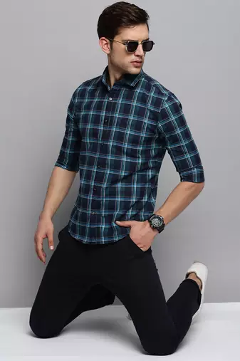 men's long sleeves tartan checks navy blue shirt