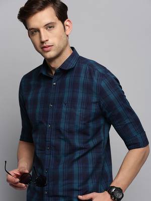 Showoff men's long sleeves tartan checks navy blue shirt 1