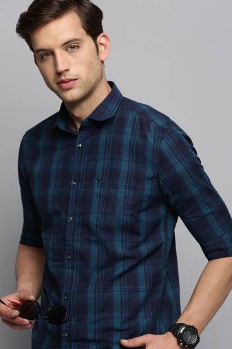 Showoff men's long sleeves tartan checks navy blue shirt
