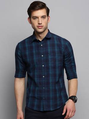 Showoff men's long sleeves tartan checks navy blue shirt 2