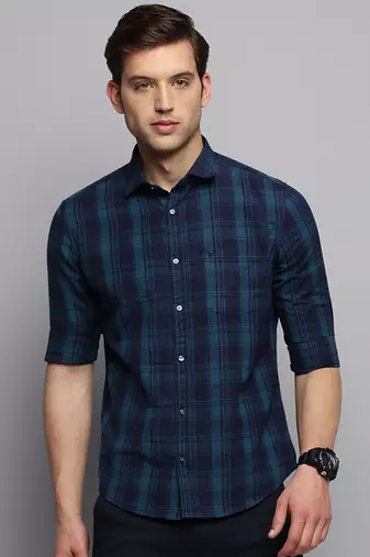 Showoff men's long sleeves tartan checks navy blue shirt
