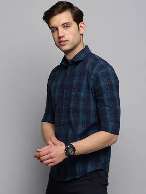 Showoff men's long sleeves tartan checks navy blue shirt 3