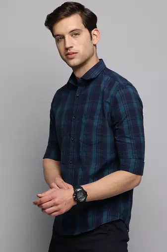 Showoff men's long sleeves tartan checks navy blue shirt