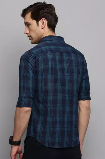 Showoff men's long sleeves tartan checks navy blue shirt