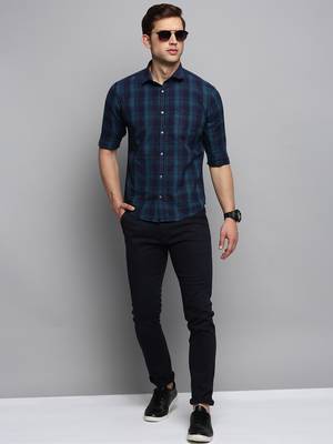 Showoff men's long sleeves tartan checks navy blue shirt 5
