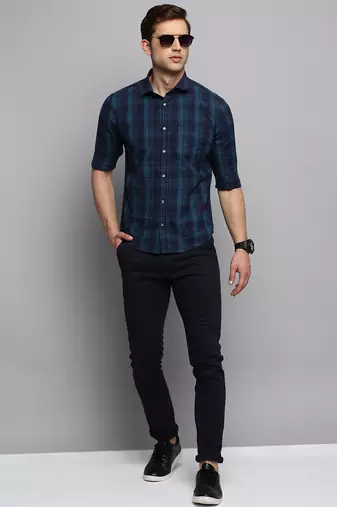 Showoff men's long sleeves tartan checks navy blue shirt