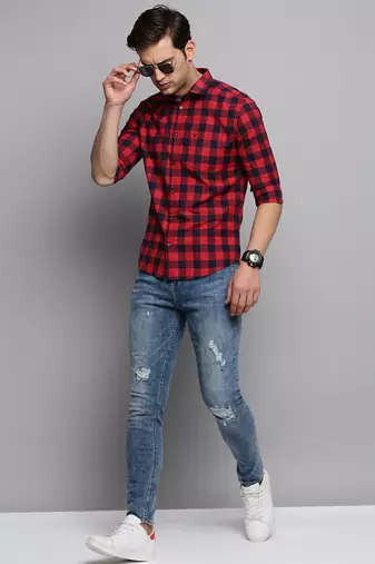 men's long sleeves other checks red shirt