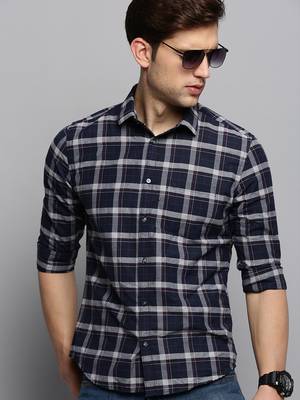 Showoff men's long sleeves tartan checks navy blue shirt 1