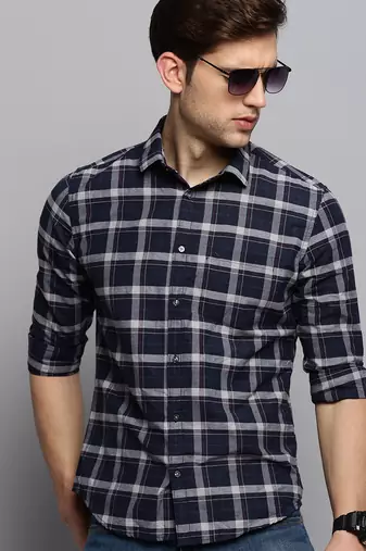 Showoff men's long sleeves tartan checks navy blue shirt