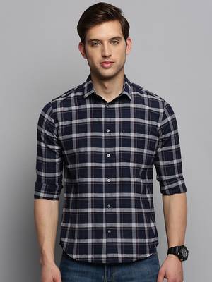 Showoff men's long sleeves tartan checks navy blue shirt 2