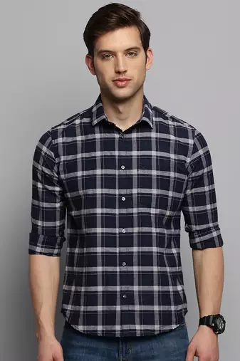 Showoff men's long sleeves tartan checks navy blue shirt