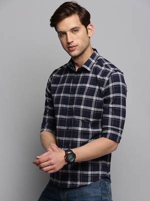 Showoff men's long sleeves tartan checks navy blue shirt 3