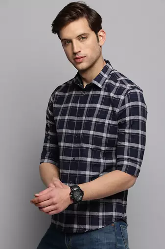 Showoff men's long sleeves tartan checks navy blue shirt