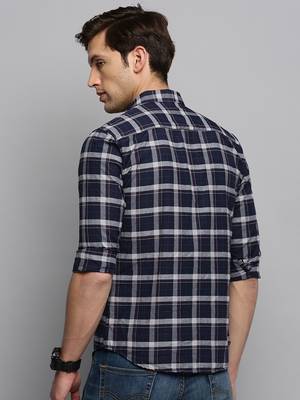 Showoff men's long sleeves tartan checks navy blue shirt 4
