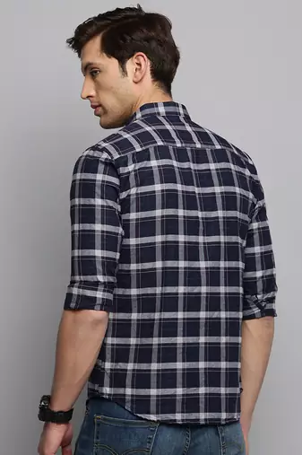 Showoff men's long sleeves tartan checks navy blue shirt