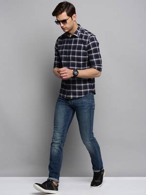 Showoff men's long sleeves tartan checks navy blue shirt 5