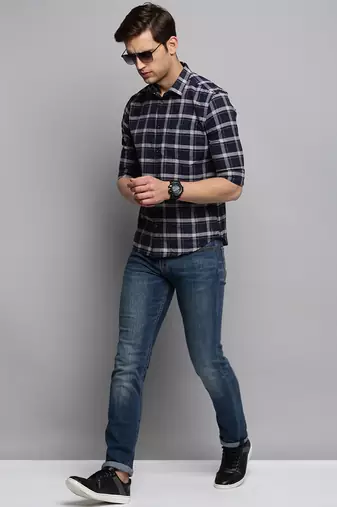 Showoff men's long sleeves tartan checks navy blue shirt