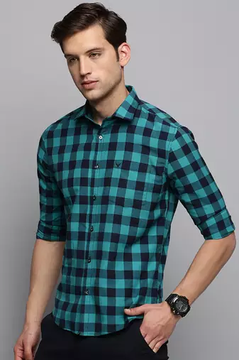 men's long sleeves other checks navy blue shirt