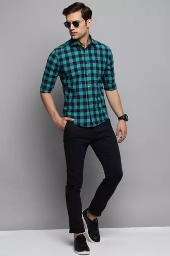 men's long sleeves other checks navy blue shirt