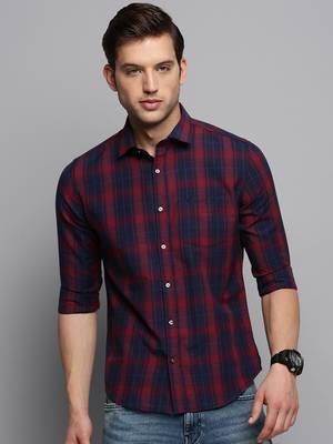 men's long sleeves tartan checks navy blue shirt 2