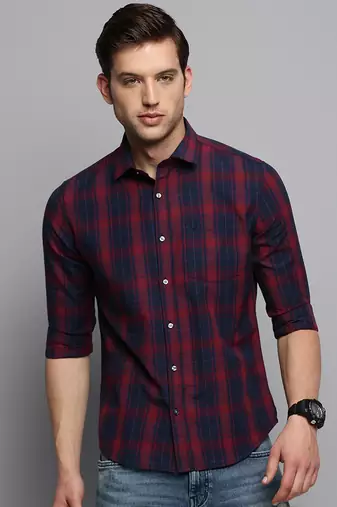 men's long sleeves tartan checks navy blue shirt