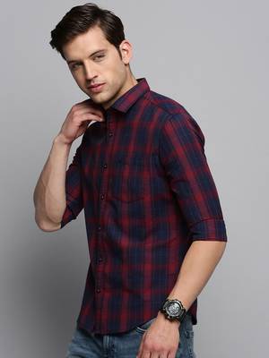 men's long sleeves tartan checks navy blue shirt 3