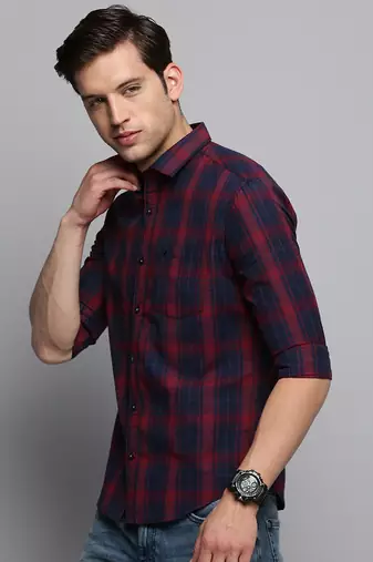 men's long sleeves tartan checks navy blue shirt