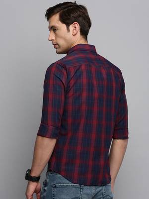 men's long sleeves tartan checks navy blue shirt 4