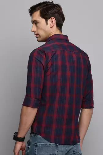 men's long sleeves tartan checks navy blue shirt