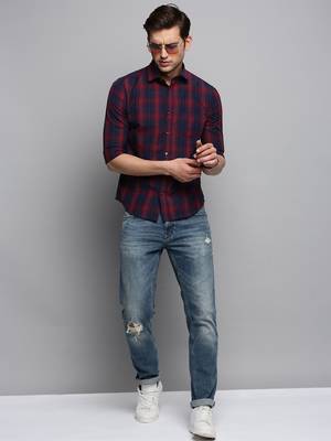 men's long sleeves tartan checks navy blue shirt 5