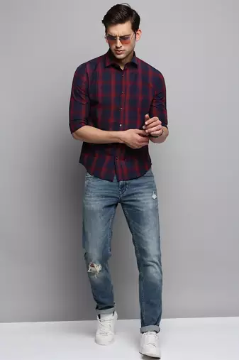 men's long sleeves tartan checks navy blue shirt