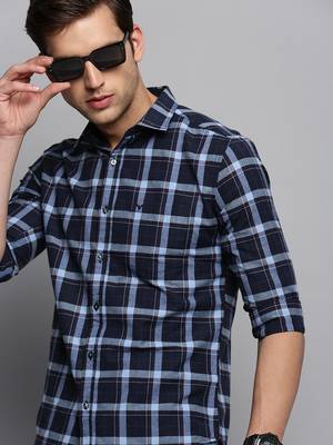 men's long sleeves tartan checks navy blue shirt 1